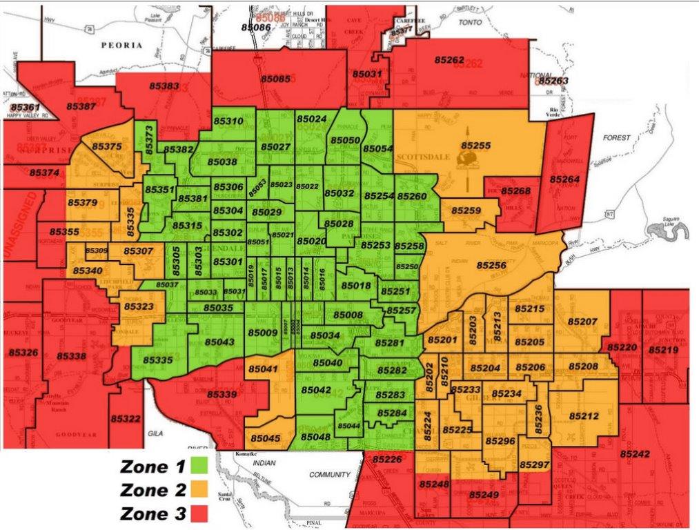Phoenix AZ Zip Code Map in Zones